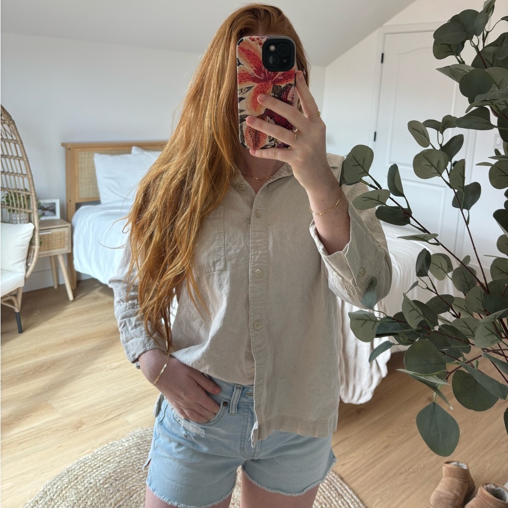 coldwater creek women’s quarter sleeve khaki button up shirt